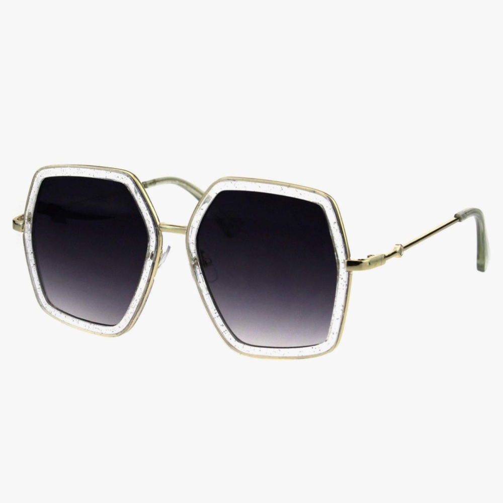 Women Hexagon Oversized Trendy Sunglasses Glitter Clear & Gold Frames Smoke Lens